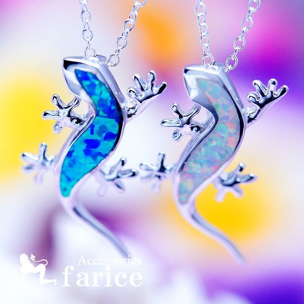 ゲッコー(ヤモリ)立体型カーブシルエット オパール装飾 メンズ&レディース ハワイアンジュエリー シルバー925 ペンダント ネックレスブルーorホワイト