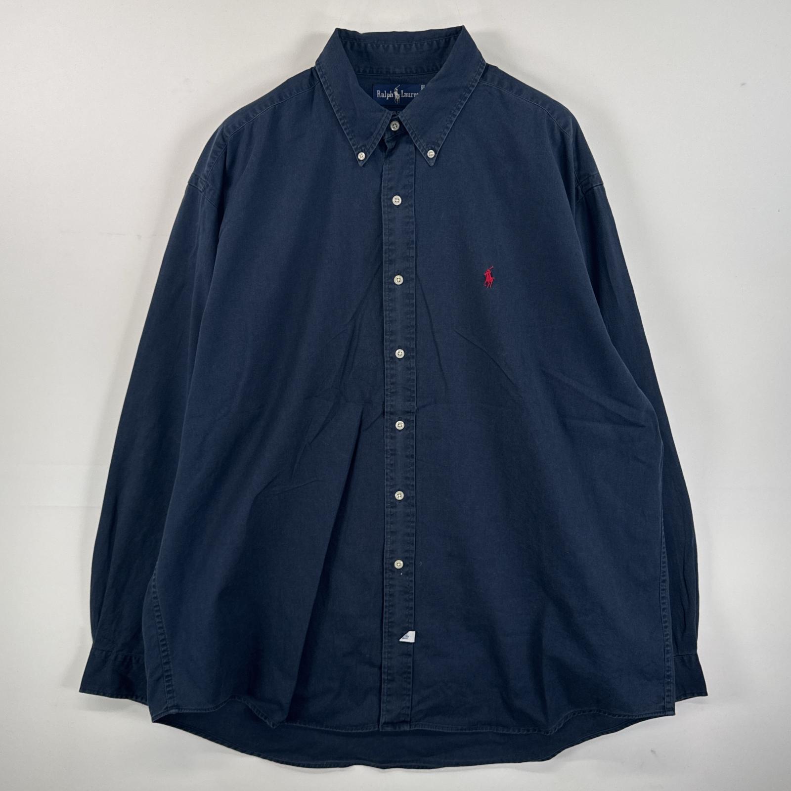 古着 長袖シャツ ボタンダウンシャツ ワンポイント 刺繍 ロゴ 大きいサイズ XL ネイビー 無地 メンズ