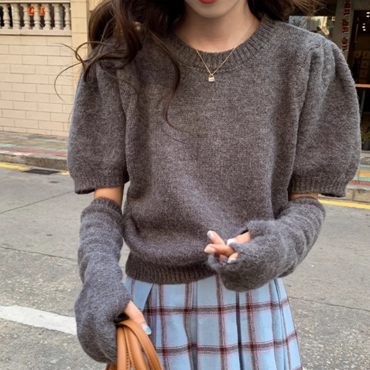 レディース トップス ニット セーター プルオーバー 半袖 パフスリーブ ラウンドネック 襟なし アームカバー ふわふわ ふっくら 伸縮性 かわいい 大人可愛い きれいめ シンプル カジュアル 上品