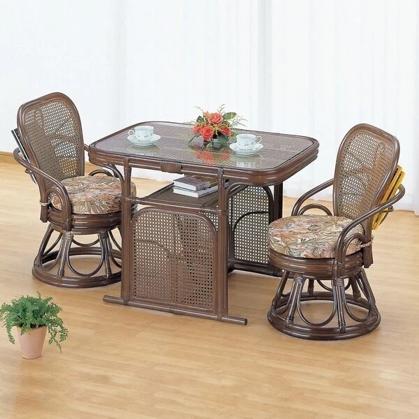 籐 ラウンドチェアテーブル ダイニング 3点セット ラタン家具 ダイニングセット チェア 完成品 籐家具 食卓 椅子 2人掛 アジアン クッション付き