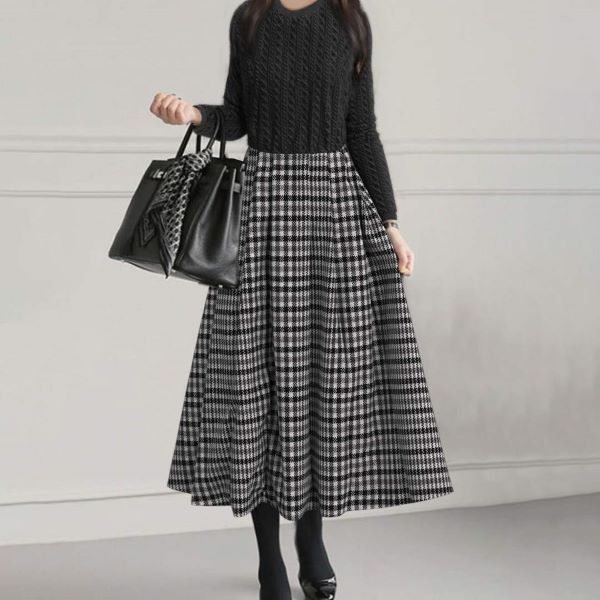 【再入荷予定】女性に大人気チェック柄切り替えマキシワンピース