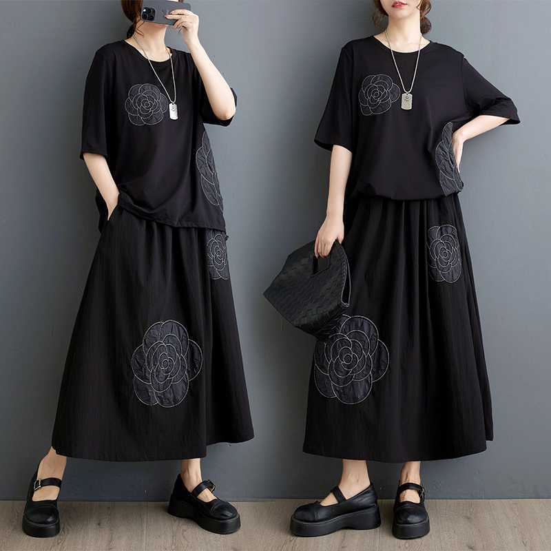 大人気！ 夏 刺繍 上下セットシャツ＋スカート 体型カバー 大きいサイズ ゆったり レディース セットアップ セットアップ