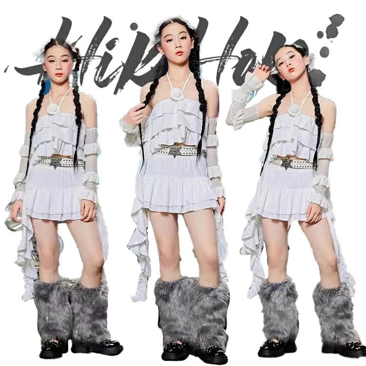 白 キッズ ダンス ダンス衣装 女の子 ガールズ へそ出し キャミソール スカート レッグウォーマー ダンスウェア 発表会 応援団 イベント ジュニア カッコイイ 普段着 jazz オシャレ DANC