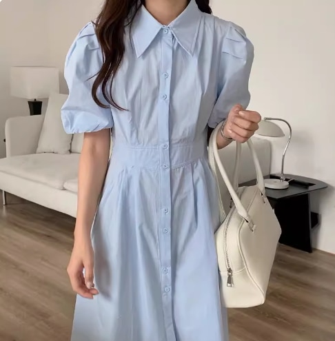 レディース ワンピース シャツワンピ 半袖 ボリューム袖 かわいい 大人可愛い きれいめ シンプル 上品 おしゃれ こなれ感 メンズライク マニッシュ ボーイッシュ クール モード系 エレガント