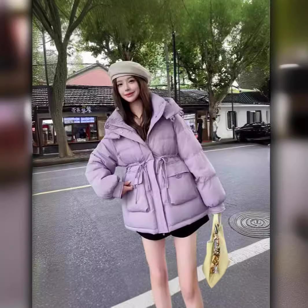 Pinghu ダウンジャケット女性のショートハーフボタンルーズ肥厚カジュアルジャケットウエストボタンフード付きダウンジャケット女性のショートスタイル