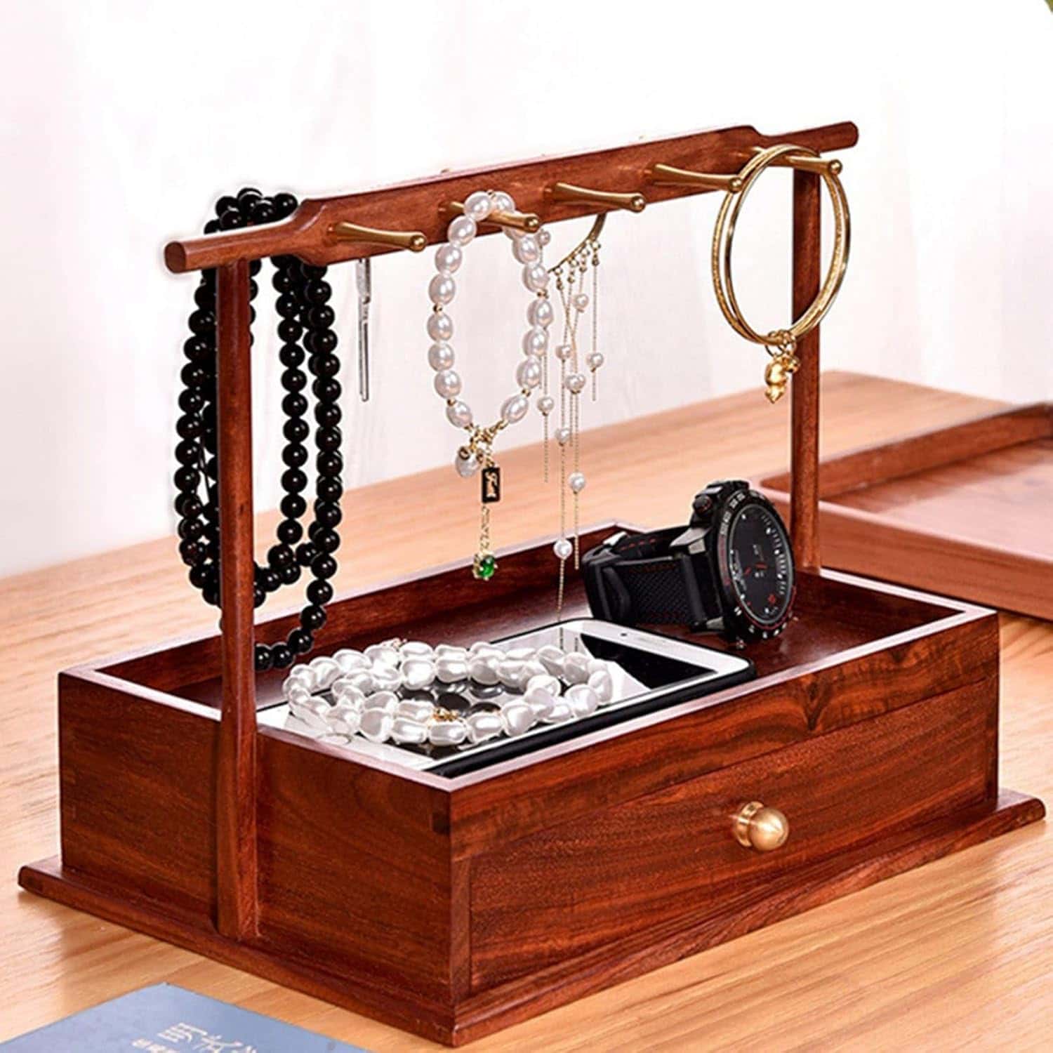 木製 鍵置き スタンド インテリア 小物入れ ジュエリー収納ケース 多層 引き出し付き 卓上収納ケース キーホルダー 腕時計置き 指輪 ピアス ネックレス 彼女 母の日プレゼント 結婚式 収納飾り