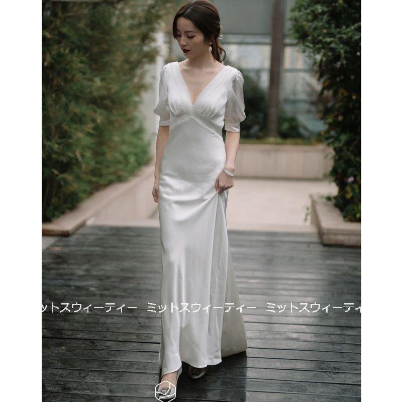 韓国ファッションウェディグドレス ロングドレス ガーデンフォト Vネック 白 パーティドレス ウエディングドレス リゾート スレンダードレス 結婚式 サテン 前撮り 花嫁 二次会