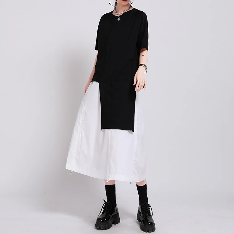 新型不規則tシャツ夏の新型オープンフォークゆるいカジュアルな斜めの半袖ロンT