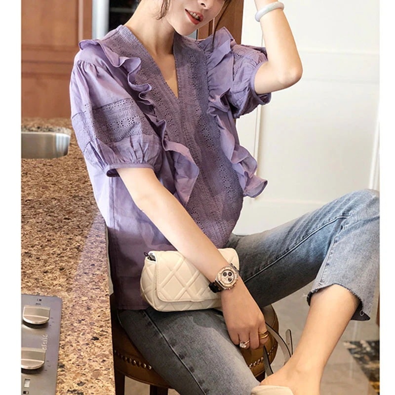 トップス レディース レース袖 フリル カットソー ワイド きれいめ 個性的 人気 通販 春服 夏服 2色 半袖 ぽわん袖 Vネック SNS 映え 流行 トレンド 高見え 格上げ 楽ちん 涼しい ホワ 5,621円