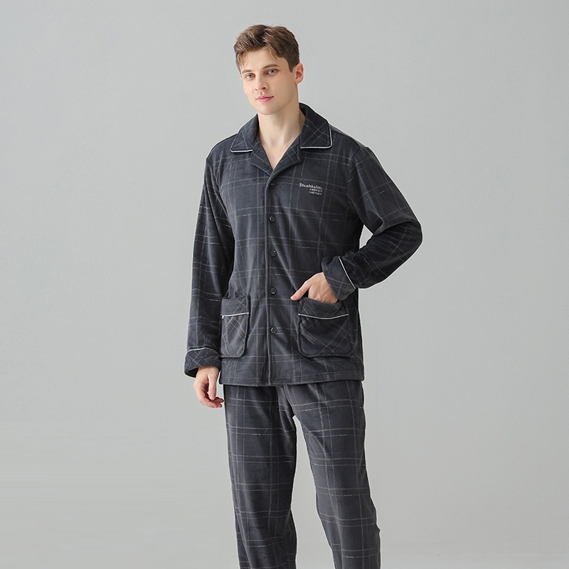 男性用パジャマ春秋冬のコーラルベルベットは屋外で着用でき厚くて暖かい男性用ホーム服セット