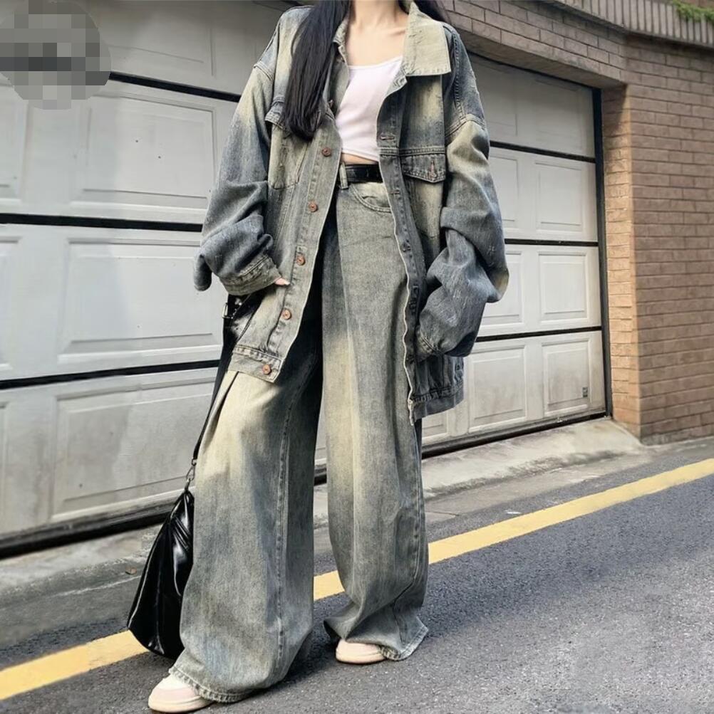 セットアップ デニムジャケット デニムパンツ ウォッシュ加工 オーバーサイズ Gジャン ジーパン デニム レトロ 韓国ファッション レディース 大人可愛い ガーリー