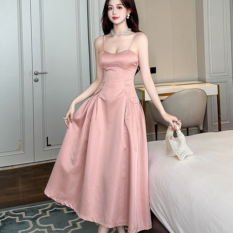 ドレス 衣装 イブニングドレス ミモレ丈ドレス キャミソール ハイウエスト セミフレア 胸元 シャーリング バックファスナー ステージドレス 発表会 かわいい 大人可愛い きれいめ シンプル 上品