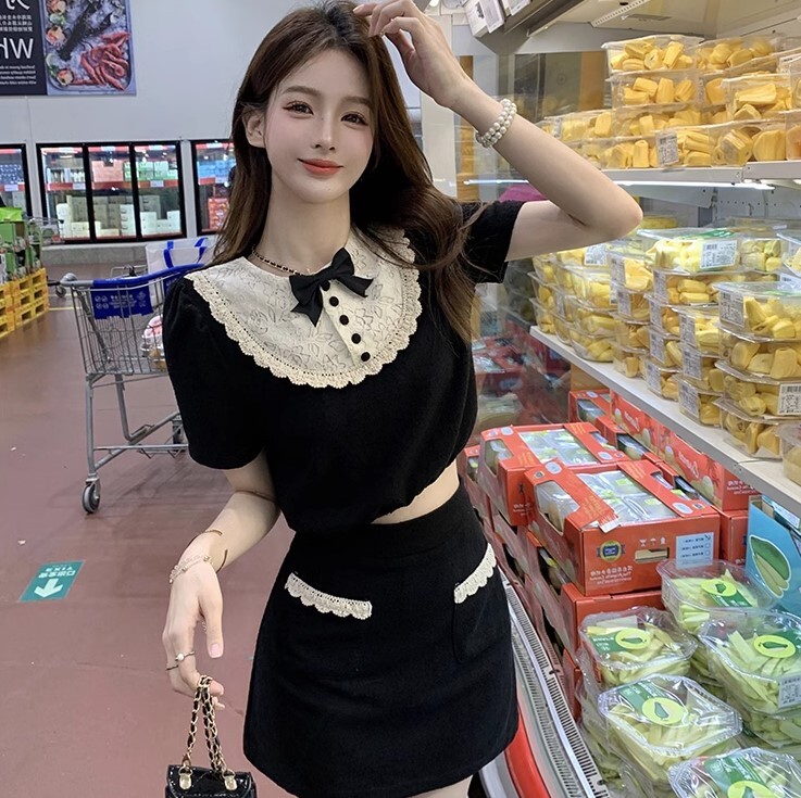 レースシャツ ハイウエストスカート 2点セット セットアップ ツーピース ブラウス ショート丈 半袖 ハイウエスト かわいい 大人可愛い きれいめ シンプル カジュアル 大人 上品 おしゃれ お洒落