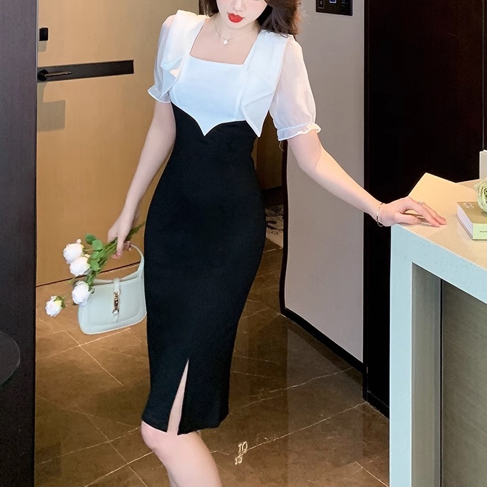 スカート ワンピース 膝丈 ひざ丈 膝上 袖あり 半袖 スクエアネック スリム タイト 細身 チュール シフォン フリル リボン 大人可愛い きれいめ 大人 上品 おしゃれ お洒落 大人女子 ラブリー