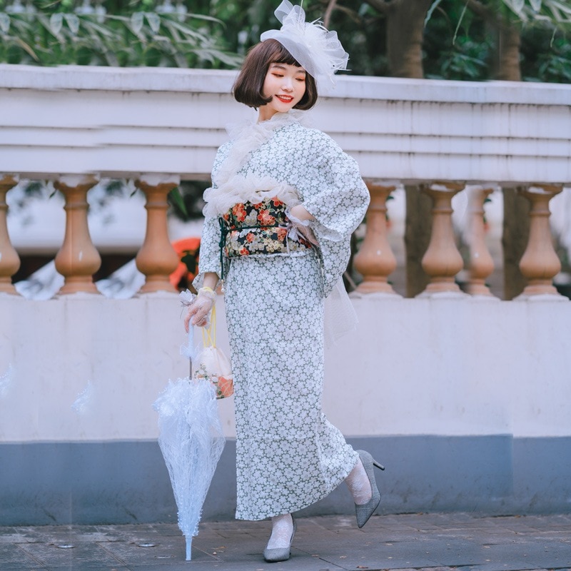 ロマン大正風レース着物立体プリント綿単層小紋改良で140長着