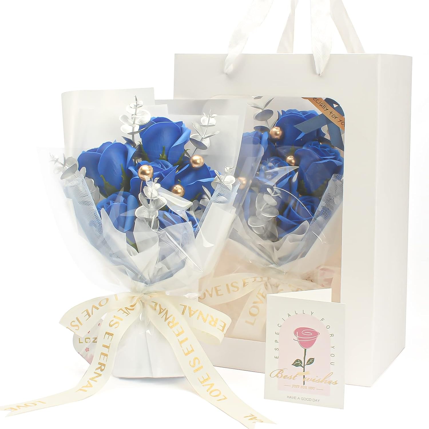 ソープフラワー 花束 青いバラ 造花 枯れない花 クリアボックス付き メッセージカード付き 手提げ付き