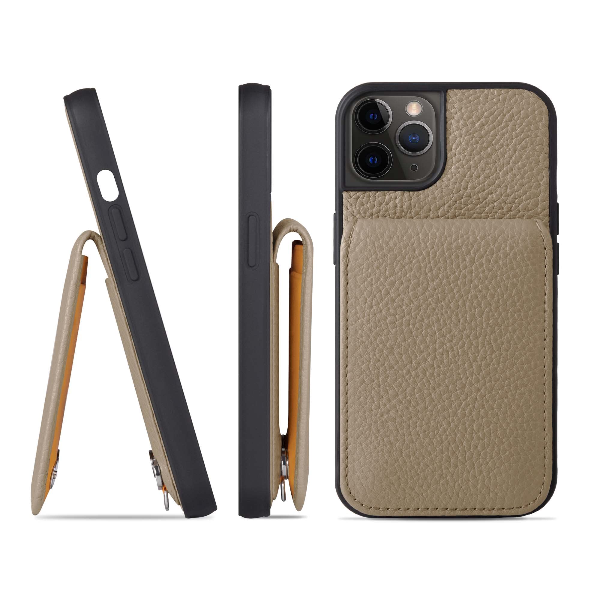 HANATORA for iPhone 12 12Pro ケース バンパー型 本革 スマホケース スマホ カードポケット スタンド ショルダーストラップ 付き シュリンクカーフレザー ギフト グレージ
