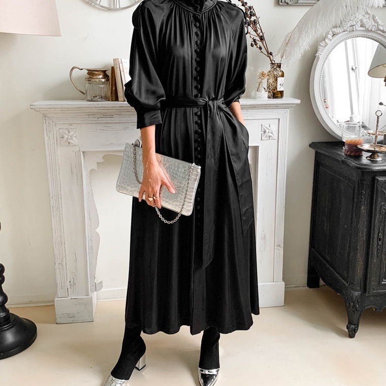 ワンピース シャツワンピース ロングワンピース 長袖 ハイネック 前開き デザインボタン ウエストベルト ロング丈 かわいい 大人可愛い きれいめ シンプル 上品 おしゃれ ラフ ルーズ 大人女子