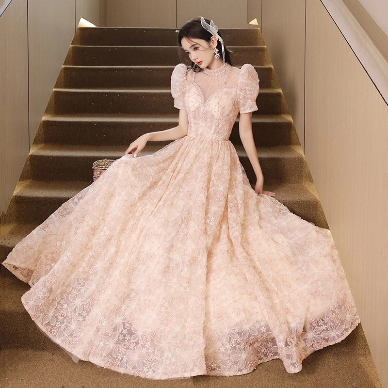 バンケットイブニングドレス2025ピンクパフスリーブ立体花柄ふわふわミニドレス