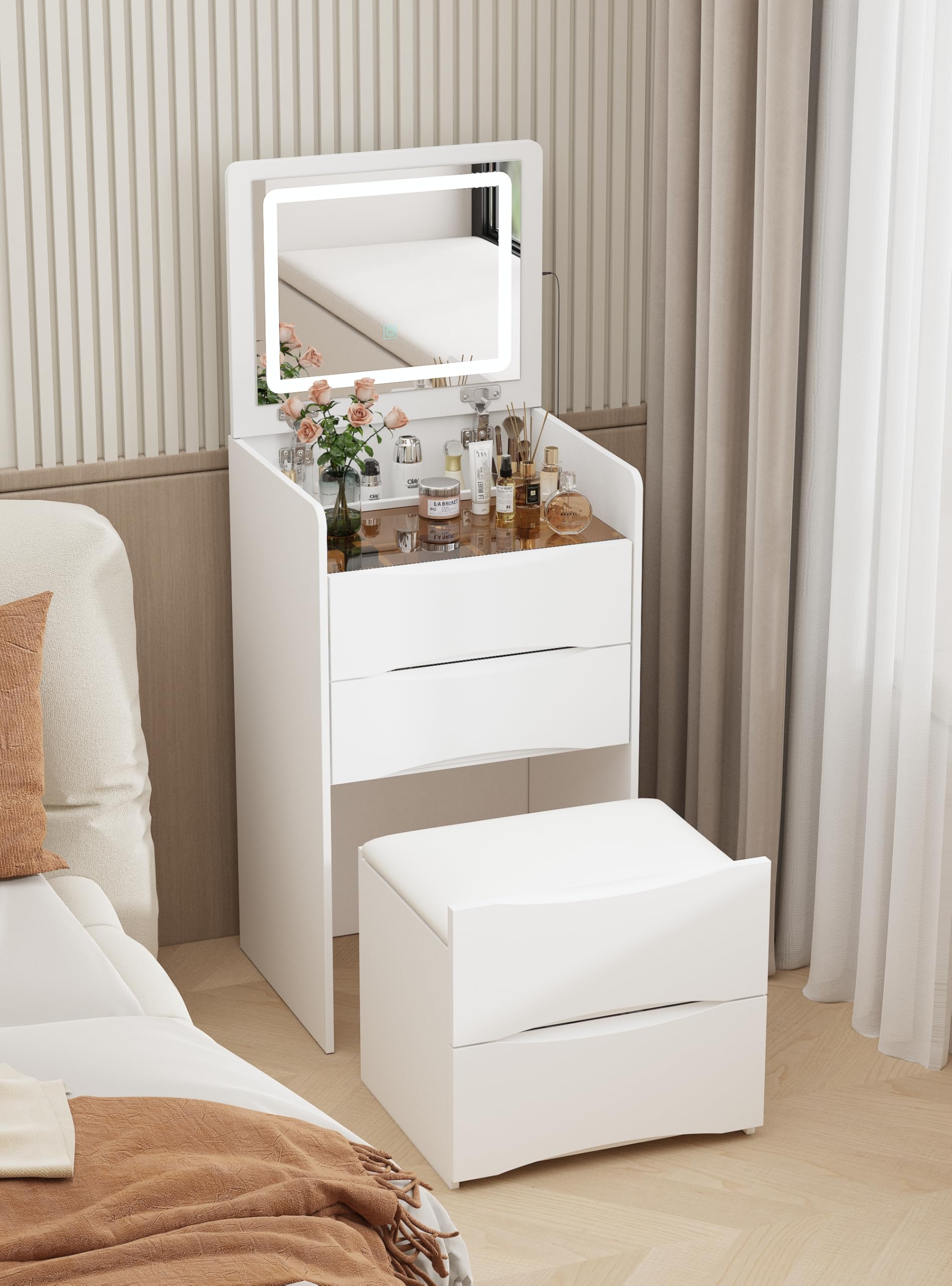 ドレッサー コンパクト テーブル ライト付き 幅47.5cm 大容量収納力 白 女優ミラー 鏡台 化粧台 ホワイト スツール付き