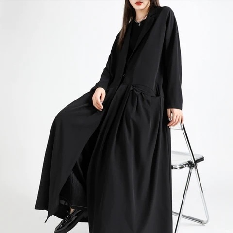 個性 不規則 デザイン セパレートフレア リッチ ロングカーディガンコート 黒 ステージ イベント衣装