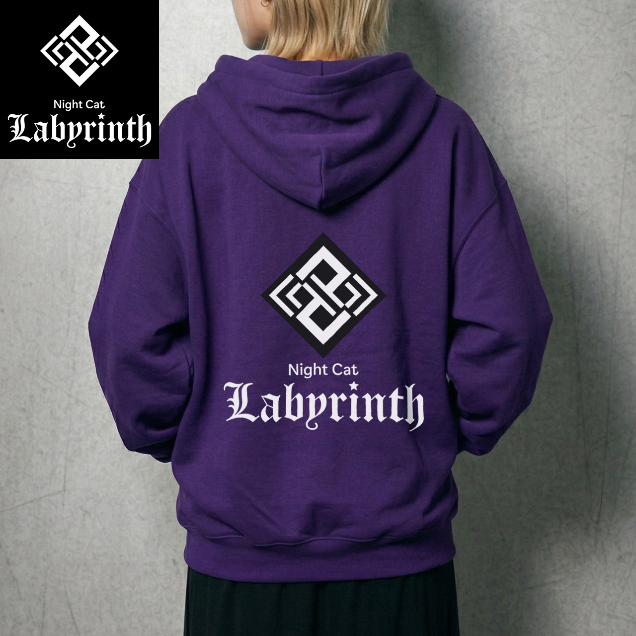 【Night Cat Labyrinth】ナイトキャットラビリンス 『迷宮ロゴ』 フルジップパーカー 10oz 裏パイル (パープル)　黒猫 ゴシック ダークファンタジー ストリートファッション