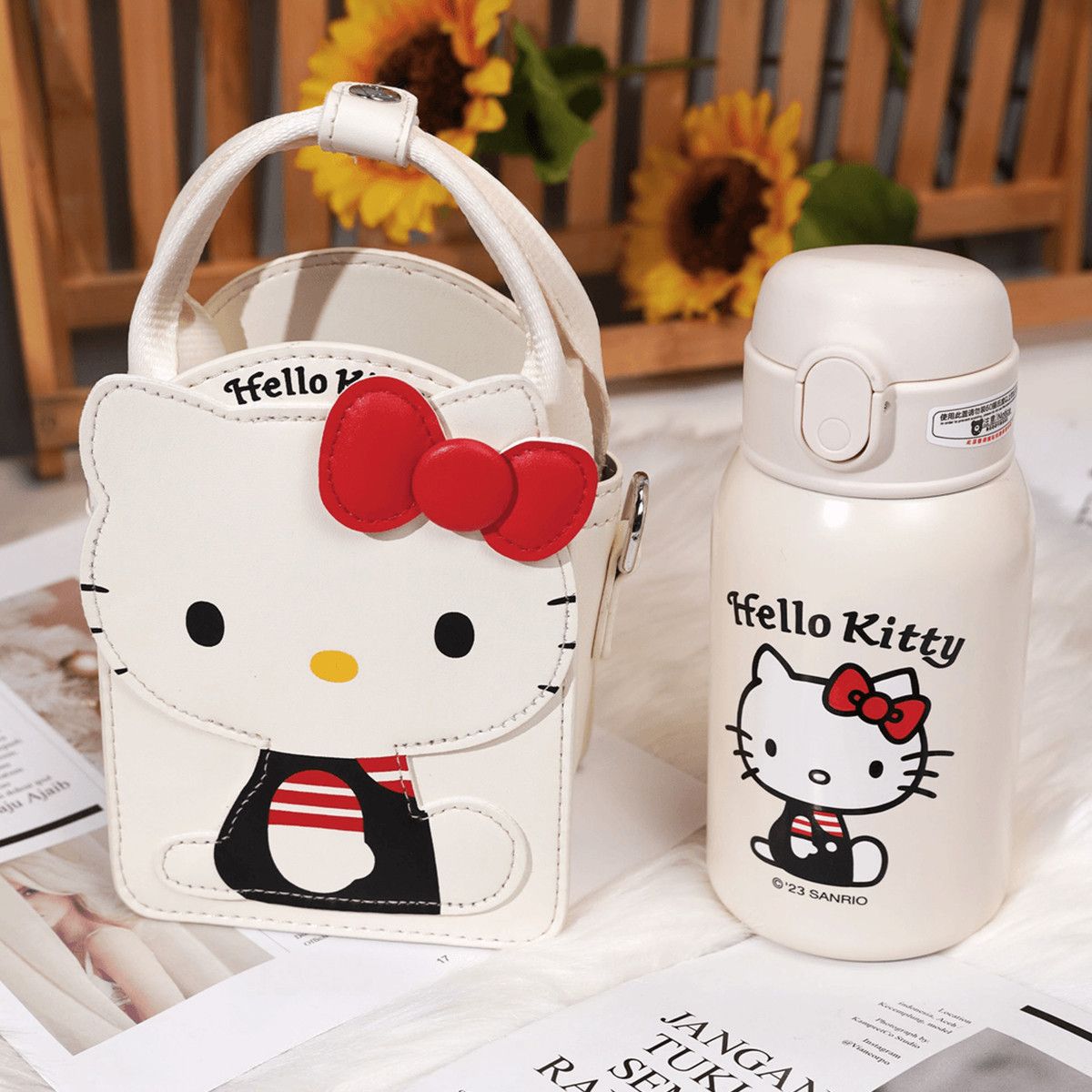 波点ハローキティかわいいボトルセット316ステンレス保温コップコップコップ子供ストローカップハローキティ