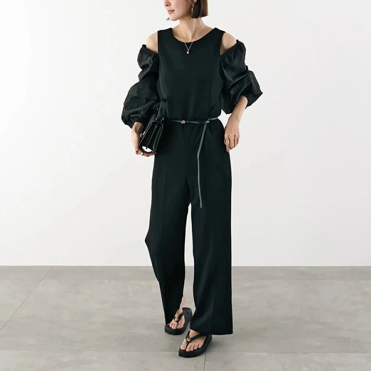 Mewl ミュール オールインワン M251-33105 ドロップパフコンビネゾン レディース 7分袖 パフスリーブ ワイドパンツ ブラック