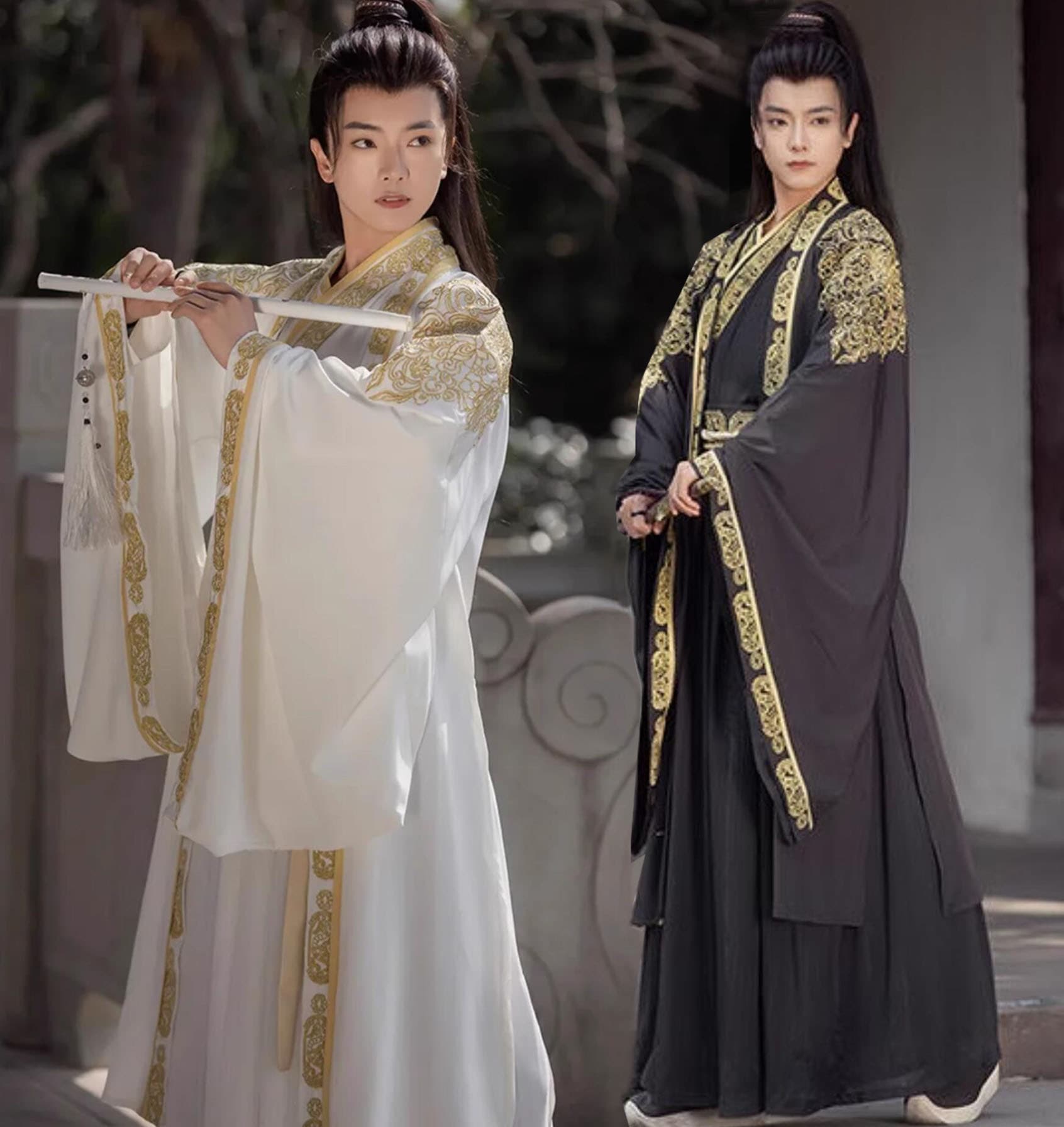 メンズ チャイナ服3点セット 中華コスプレ衣装 振袖の羽織付き 華やか 中華服 大人 華流 ハロウィン 衣装 黒 白 エスニック 金色の刺繍 縁取り 交差襟 中国古代服装 中華古代時代劇 コスチューム
