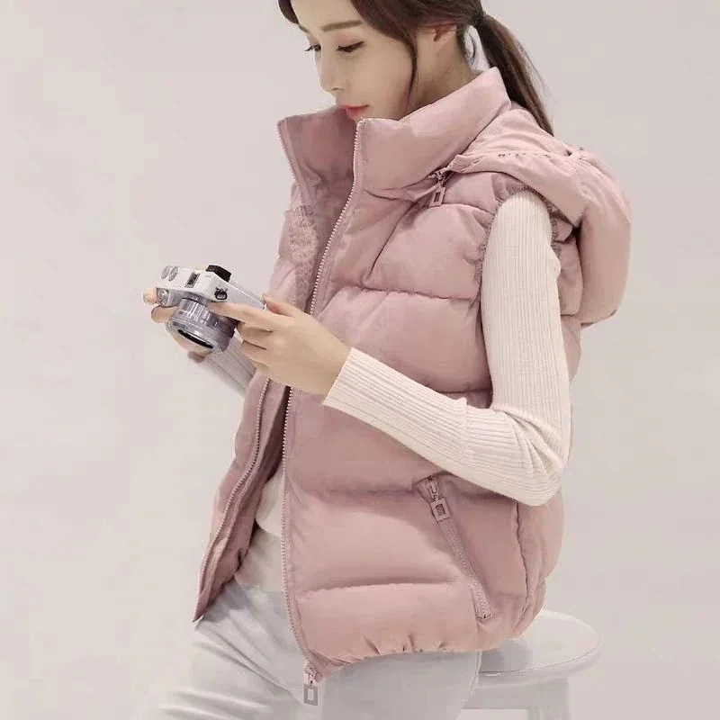 秋冬レディースコットンジャケットベストショートフード付き韓国版着やせコットンベストコートベスト