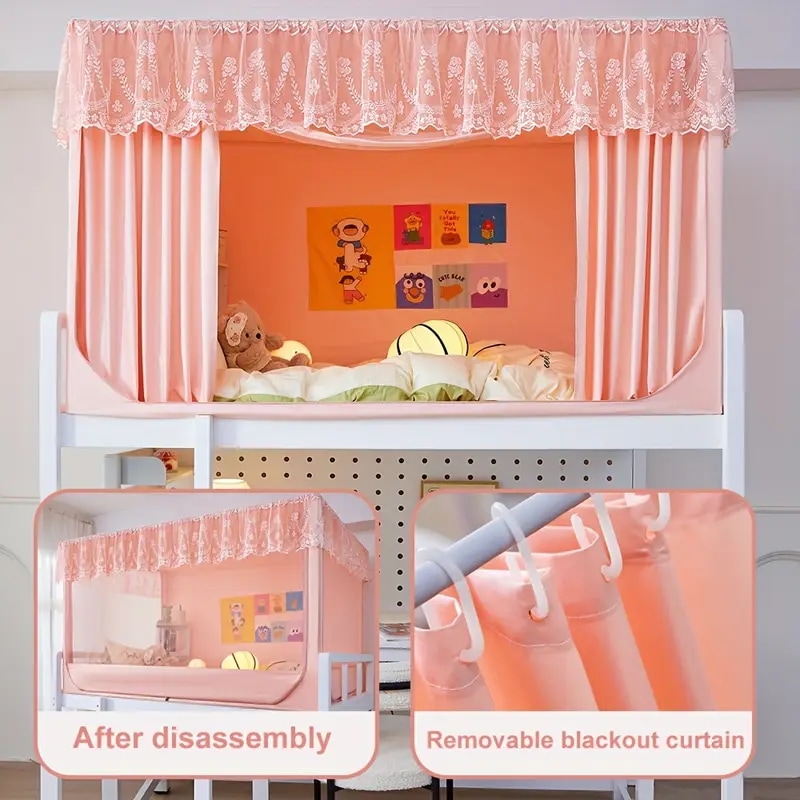 1個 折りたたみ式蚊帳 静音スライドレール 両端ジッパー 遮光カーテン ピンクレースデザイン 塗装ブラケット 寝室 寮用 学生 ギフト