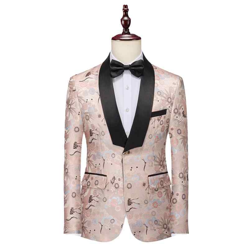 英国 メンズ スーツ 総柄 刺繍 ピンク ホスト フラワー 花柄 パフォーマンス ウェディング ステージ 衣装