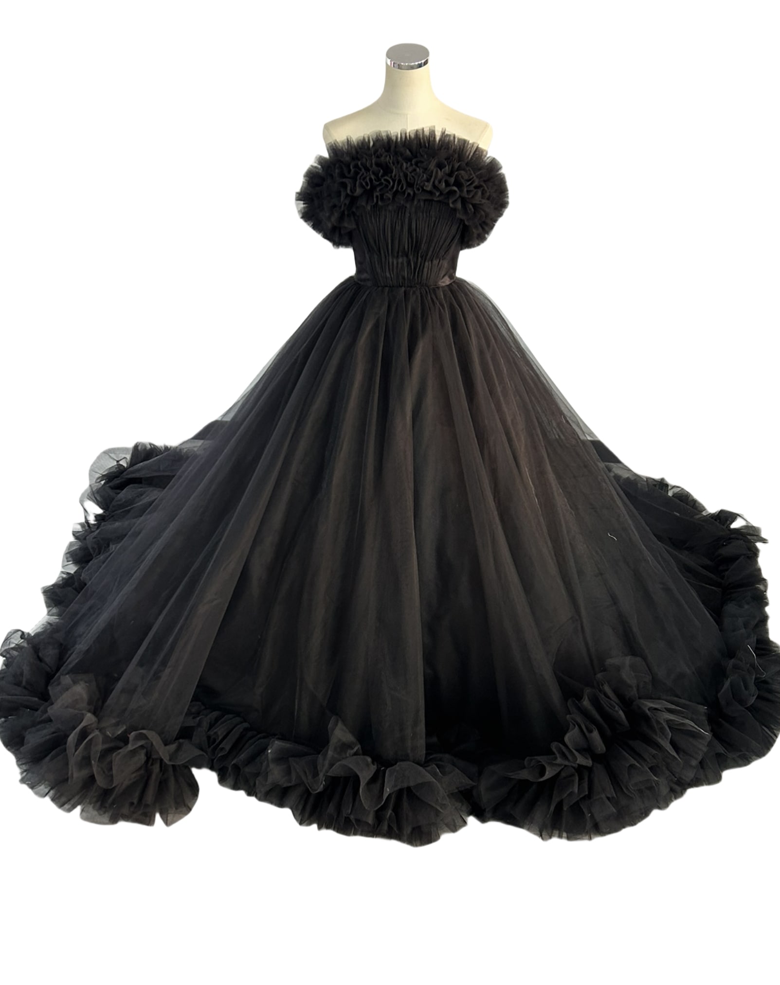 人気上昇！パーティードレス ブラック オフショルダー ラッフルフリル チュールドレス 前撮り