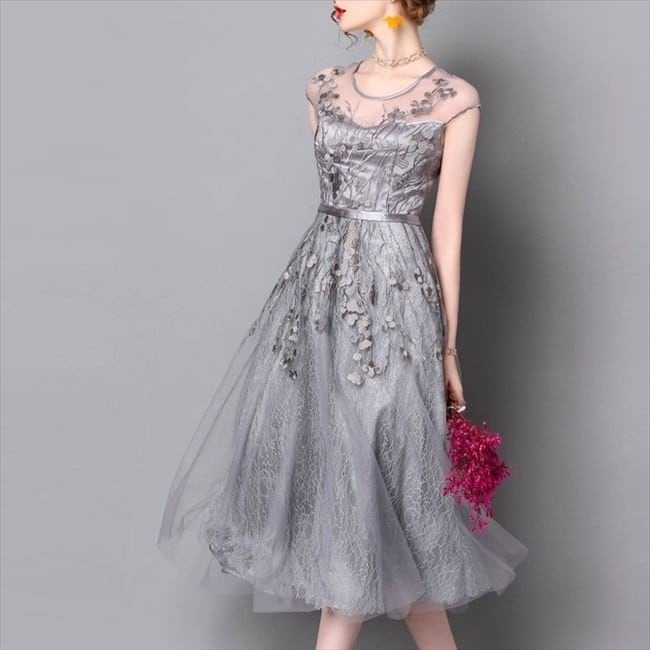 パーティードレス レディース グレー 花柄 マキシ ワンピース ワンピ 結婚式 パーティ 成人式 社