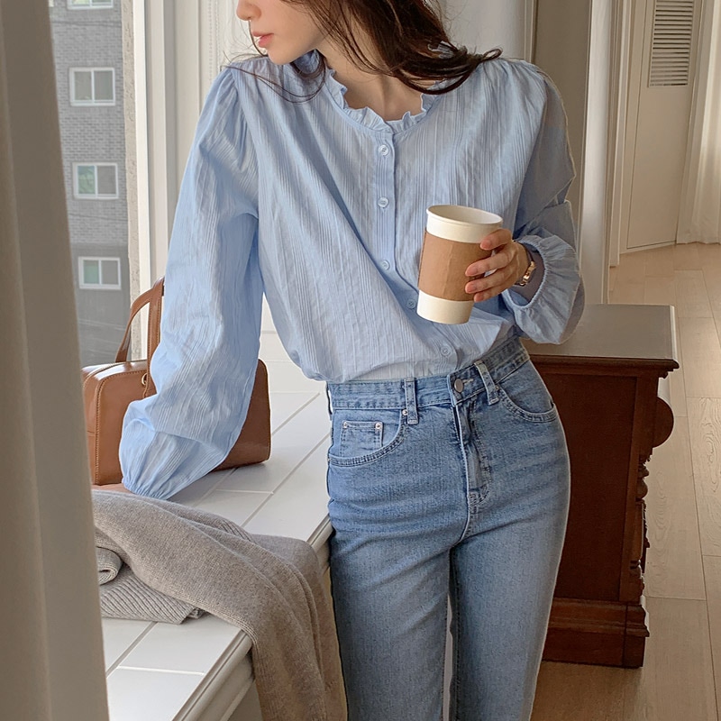 [tbs0442] 韓国ファッションコットンフリルラウンドブラウス