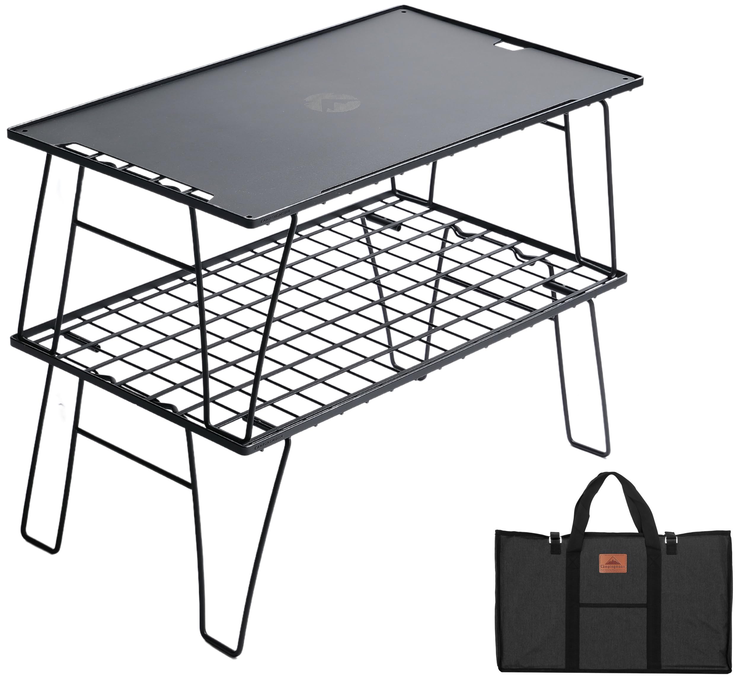 全国送料無料 キャンピングムーン(CAMPING MOON) フィールドメッシュラック キャンプ ラック ブラック 軽量 薄型 2点 アルミ天板 収納付き T-235-2TM