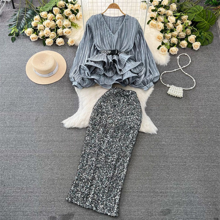 韓国ファッション 気質 ミニスカート セットアップ スパンコール ブラウス ランタンスリーブ 長袖 Vネック フリル 光沢 ハイウエスト シャツ