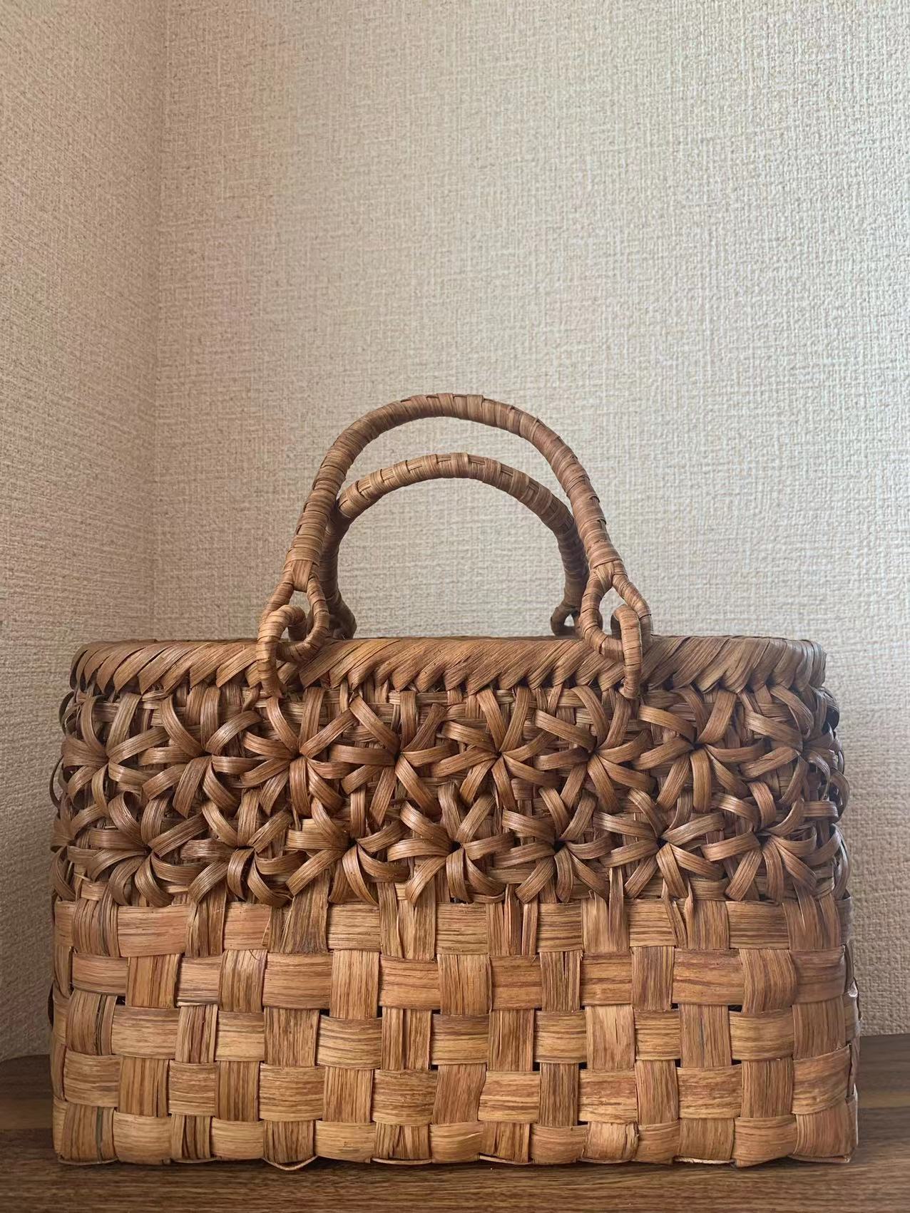 山葡萄 手作り カゴバッグ 内布付き　市松編み立体花編み