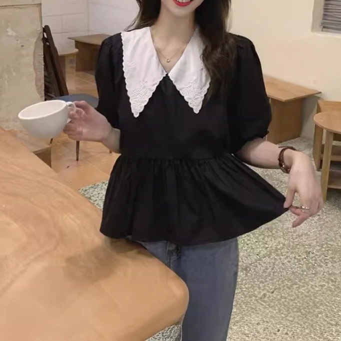 【1つ買うと10つ無料】夏の語バージョン2025スリムでファッショナブルな年齢を減らすスプライスされたブラックドールカラーパフ女性のための短袖のシャツ