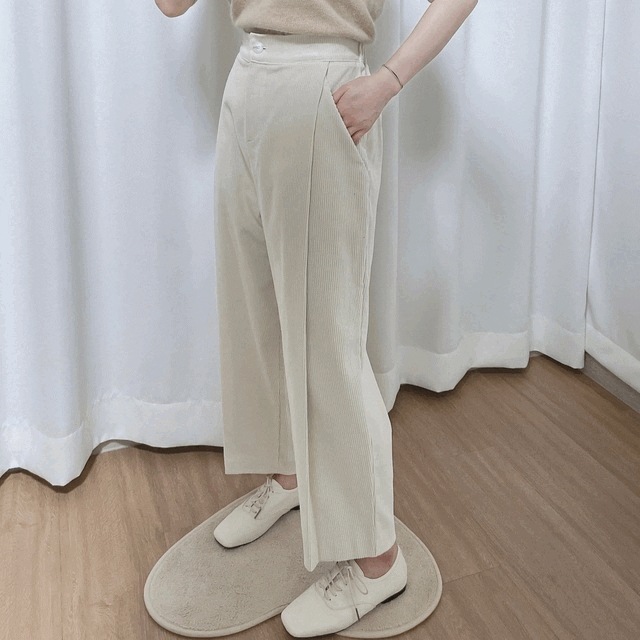 [デイリールック/フィット保障!] 背の低い女 ピンタック ゴールデン プリーツ コーデュロイ ハイウエスト バンディング ワイド パンツ (3color)