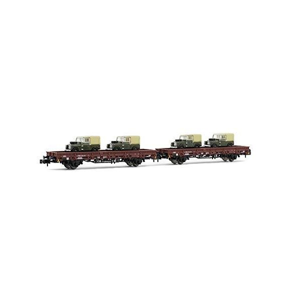ARNOLD HN6434 DB, 2-Unit Pack 2-Axle Flat Wagons Type Kbs in Brown Livery, Loaded with 4 Land Rover