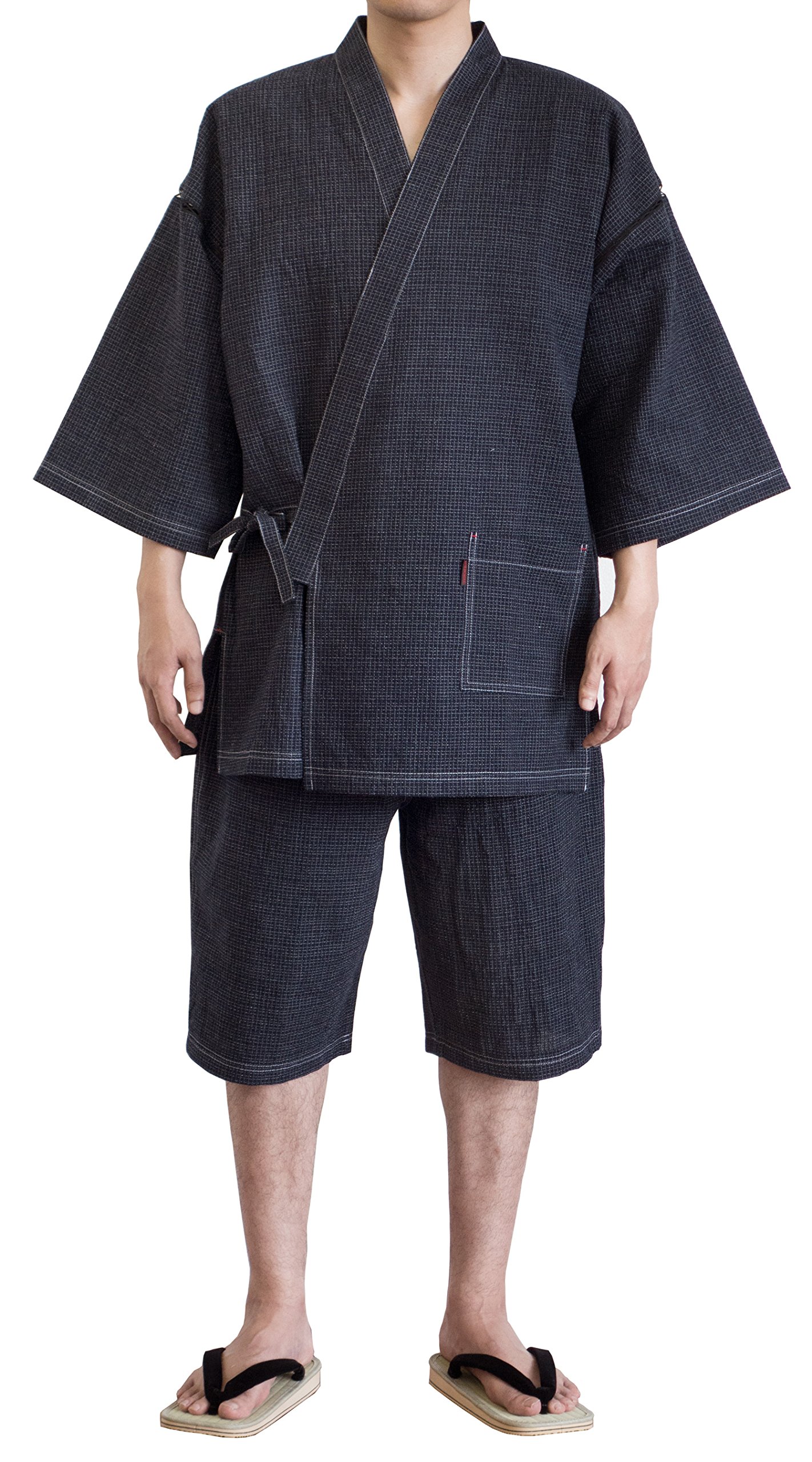 綿の郷(ワタノサト) 久留米ちぢみ織文人柄甚平 品質本位 日本製 サイズ S/M/L/LL/3L (M, navy)