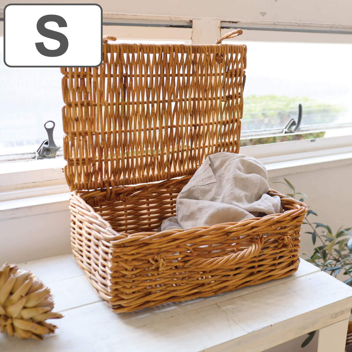 バスケット アラログ バゲッジバスケットＳ ラタン かご 収納 皮付き カゴ 長方形 天然素材 アジアン雑貨 ハンドメイド 収納かご 藤 小物収納 フタ付き 手編み 小物入れ おしゃれ