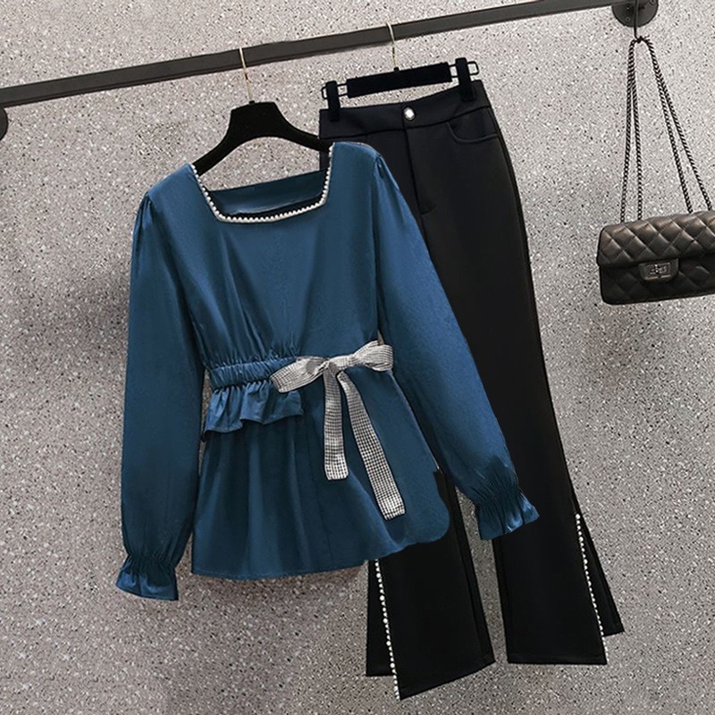 ハイエンドのカスタマイズ-プラスサイズの婦人服 2024 秋の新スクエアカラー気質シャツ女性のウエスト痩身ツーピースカジュアルパンツセット