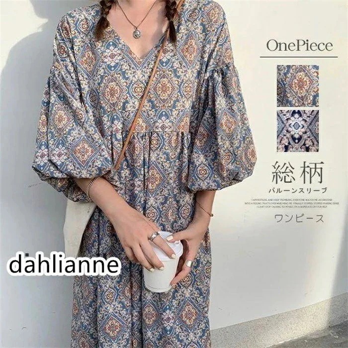 ワンピース 夏 レディース 半袖 ５分袖 ロングワンピース 花柄ワンピース レディース エスニック柄 総柄バルーンスリーブ ワンピ 体型カバー