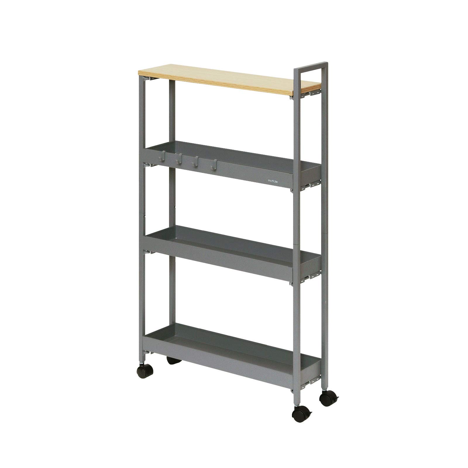 mottole 隙間ラック 13cm キャスター付き キッチンワゴン スリム 4段 天板木製 スチール ペットボトルラック 収納棚 洗面所 台所収納 おしゃれ MTL-S012-GY グレー