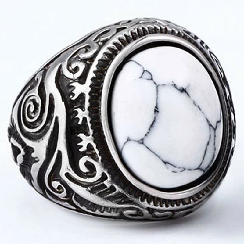 ボヘミアンエンブレムホワイトターコイズ ステンレスリング（VRR294）指輪 16号-31号 白色 ハウライト 印台型 シグネット 男性 女性 プレゼント 人差し指 中指 r1210xxxxxxxx