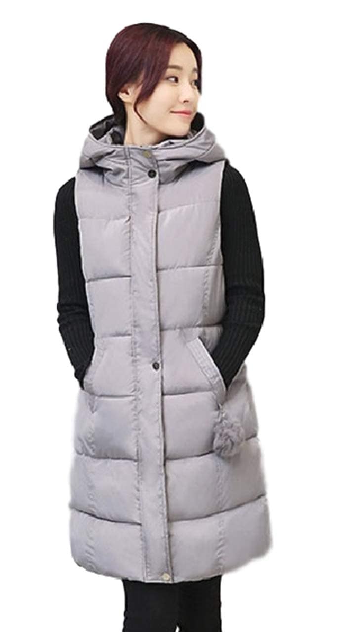 レディース フード付き ロング ダウン ベスト ジャケット コート ダウンベスト ダウンジャケット 中綿 防寒 アウター (グレー, 3XL)