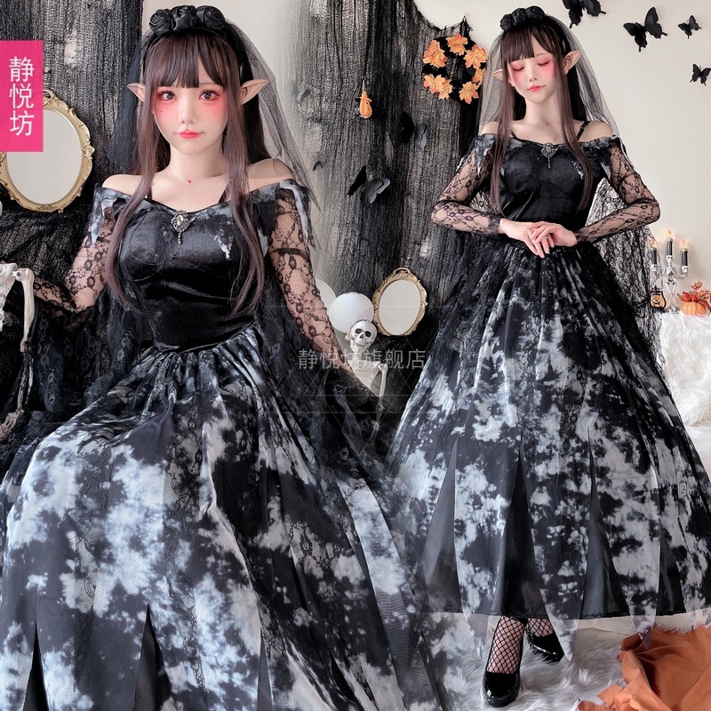 ハロウィン ゴースト花嫁 大人用 コスプレ衣装 女性 魔女 コスチューム ゴシックスタイル 吸血鬼の女王 黒 ロングスカート 外国貿易