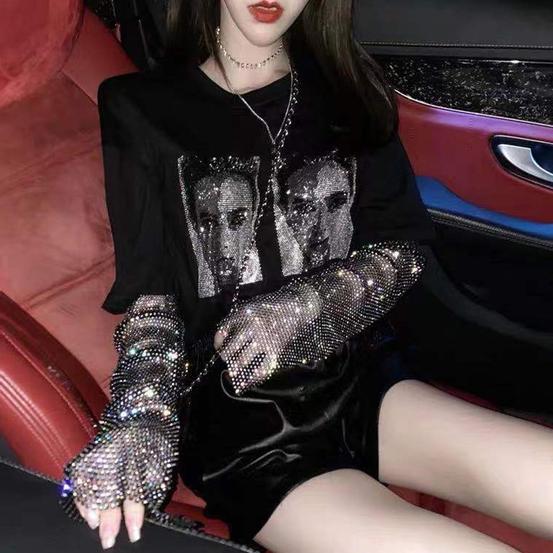 ラインストーンスリーブTシャツ 長袖Tシャツ トップス. カットソー Tシャツ レディース ラメ. キラキラ 可愛い オシャレ D530